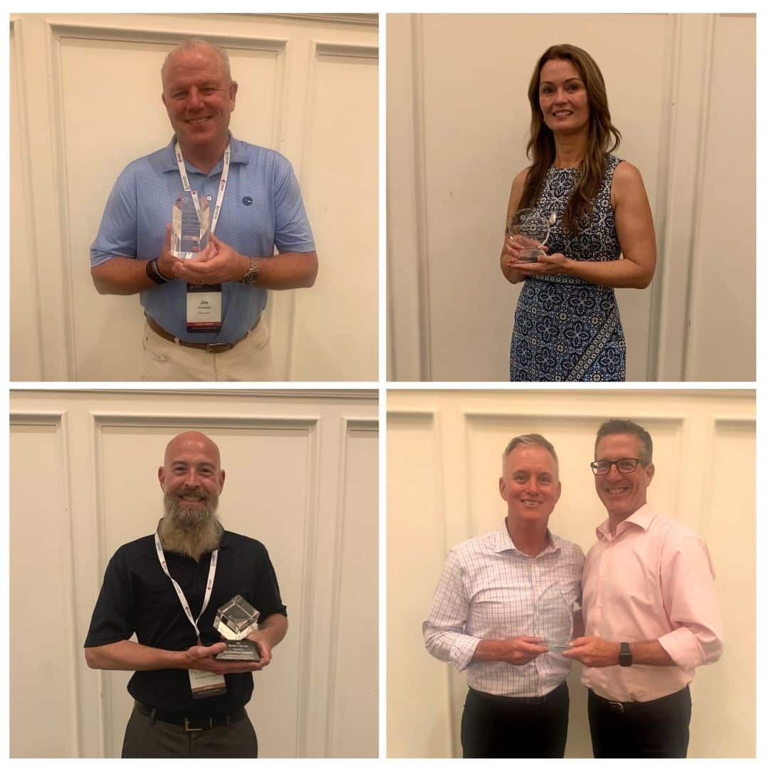 A collage of 4 pictures of PDA members holding their awards. 