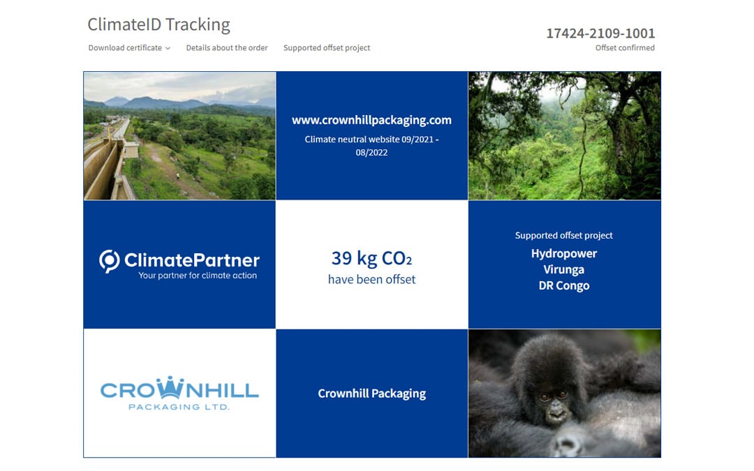 Crownhill's page on the ClimatePartner website.